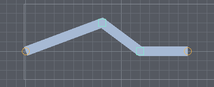A selected channel between two points: an amber circle at each end and a mint-green square handle at each of its two interior vertices