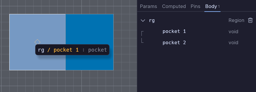 A rectangular region divided into two pockets, the left one under the pointer and named rg / pocket 1 on the chip, with both compartments listed under rg in the inspector’s Body tab