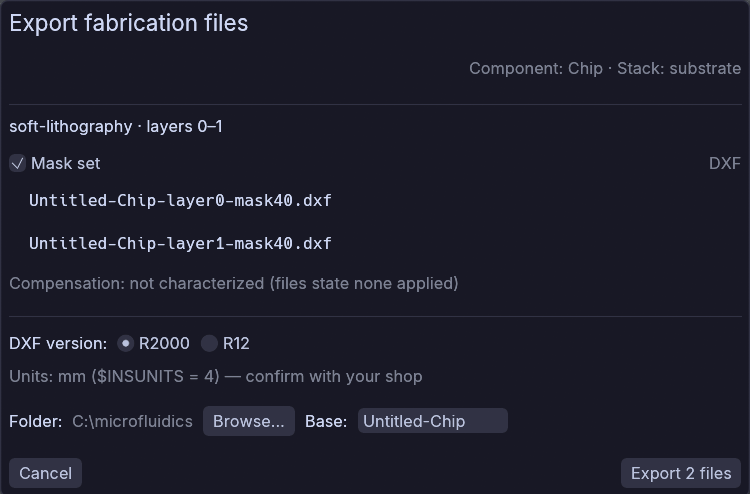 The export dialog: one process block listing the two mask files it would write, over the DXF version, folder and base name