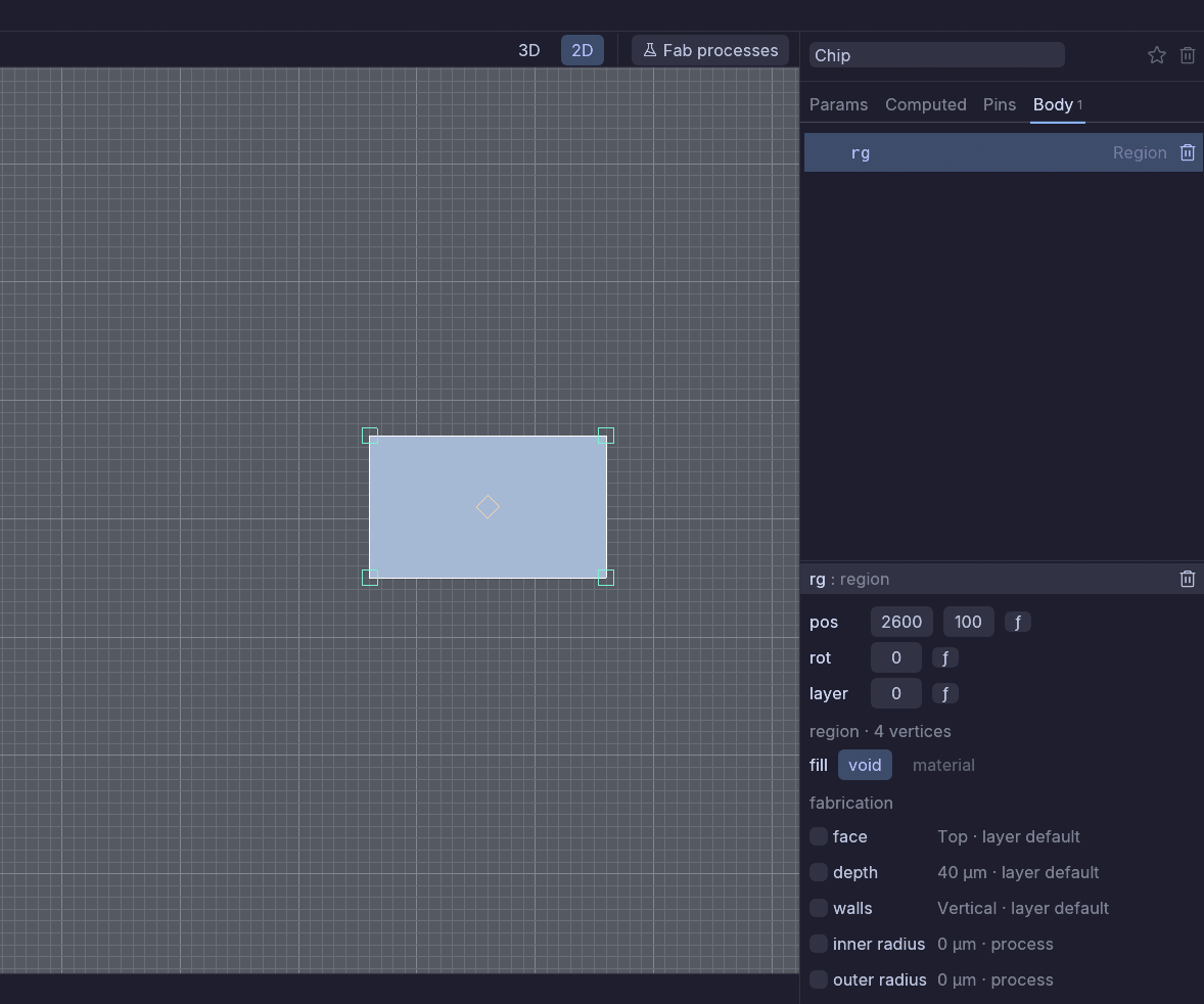 The region just after the release: selected in the 2D viewport, listed as rg in the inspector’s Body tab, with the fill control reading void in the detail below