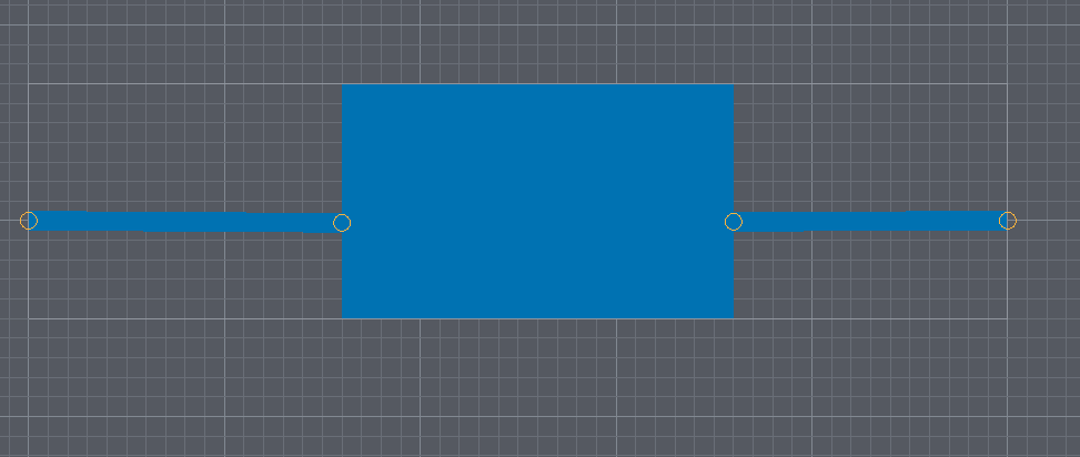 The finished shape in the 2D viewport: the chamber, the feed channel running into its left wall from the inlet point, and the outlet channel leaving the right wall out to a free point