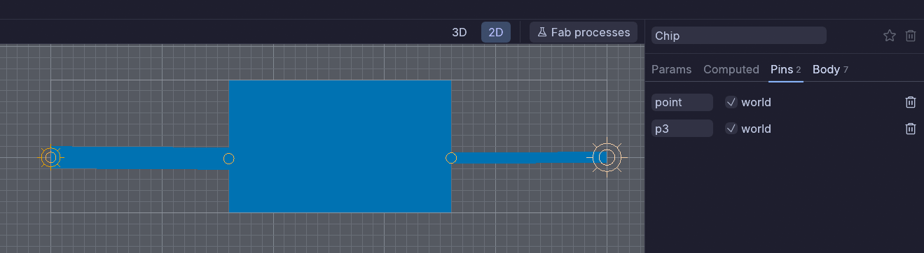 A point’s detail with world port ticked, beside the viewport showing a burst at each end of the chip