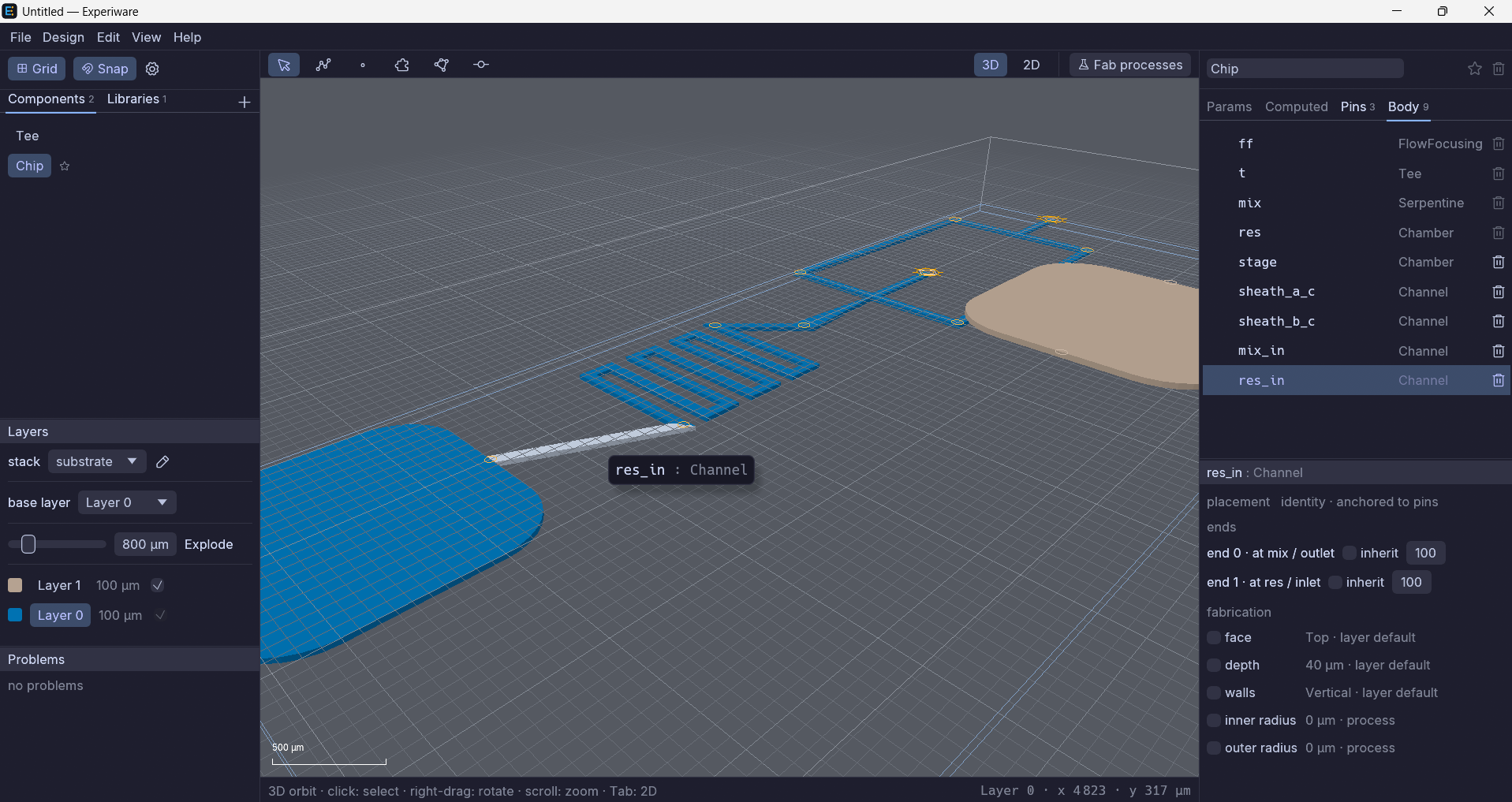 The channel res_in selected: lit in the viewport and named on a chip beside the cursor, its row highlighted in the inspector’s Body tab, and its detail filling the section below