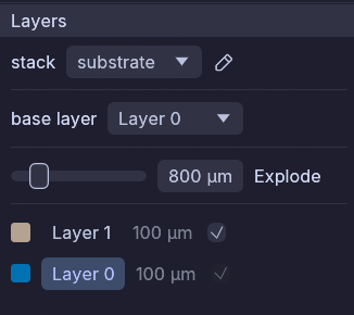 The Layers section: the stack and base-layer rows over the Explode slider, and the two layer rows with Layer 0 active