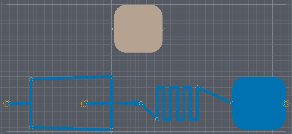 The starter sample in the 2D top-down view: the tee, the flow-focusing junction, the serpentine mixer and the collection chamber, the three world ports drawn as bursts, and the second chamber muted on its own layer