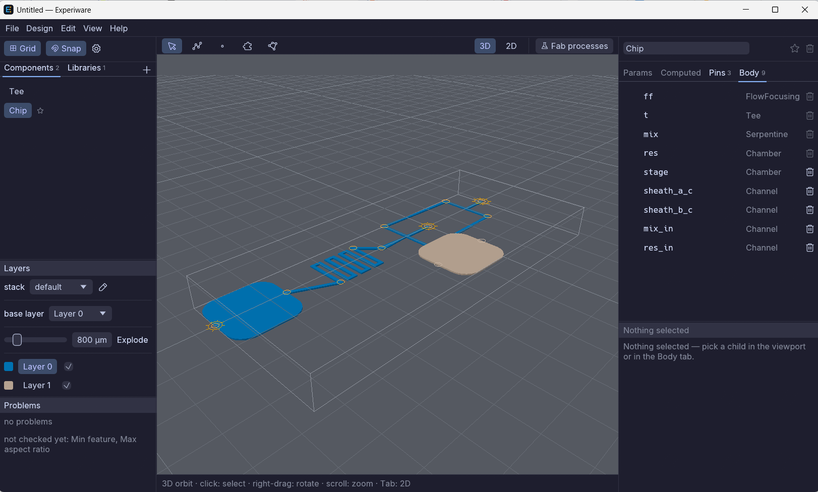 The starter sample in the 3D orbit view, its shapes drawn with their depth